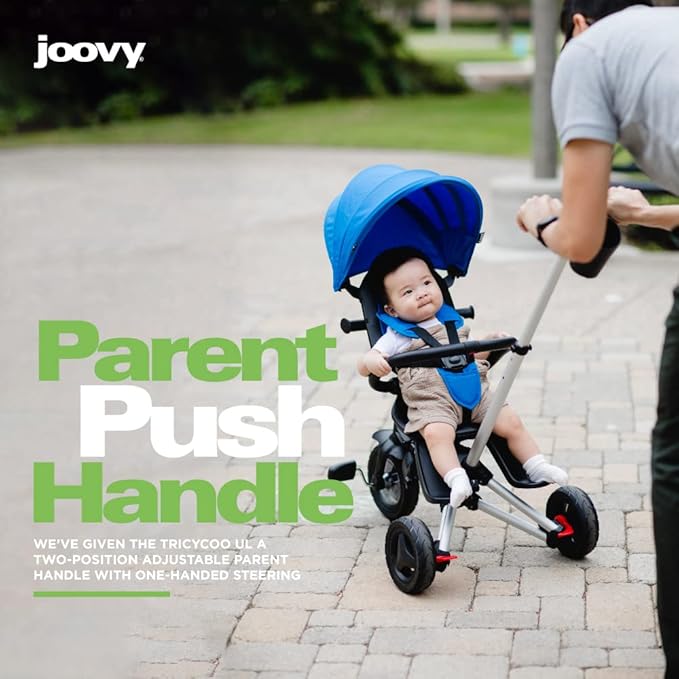 Joovy Tricycoo UL Kids Tricycle with 8 Stages Featuring 3 Rubber Tires, Removable and Adjustable Parent Handle, Safety Harness, 3-Position Recline Seat, and Retractable Canopy, Goldy