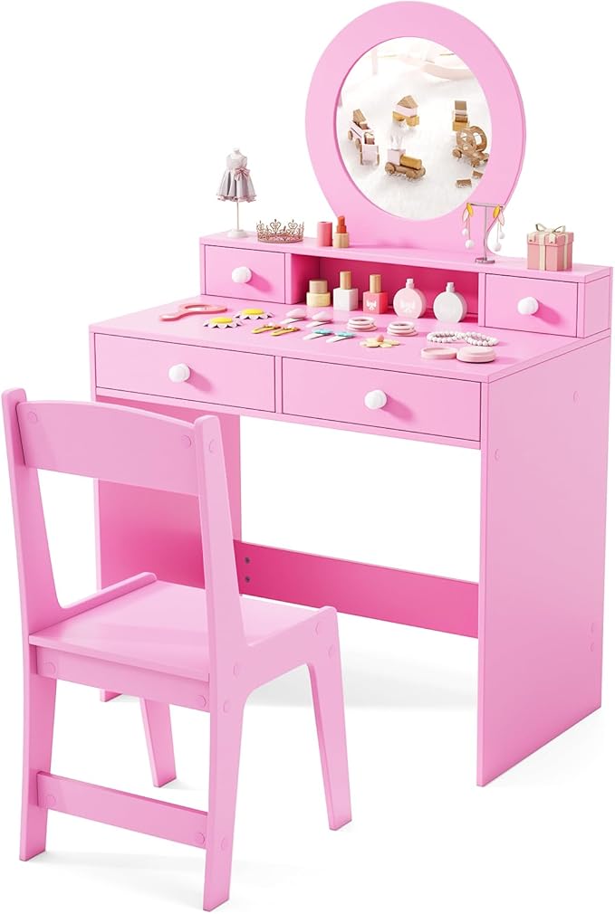 Costzon Kids Vanity, Princess Makeup Dressing Desk with Mirror and Stool, 4 Storage Drawers, Vanity Table and Chair Set for Little Girls (Pink)