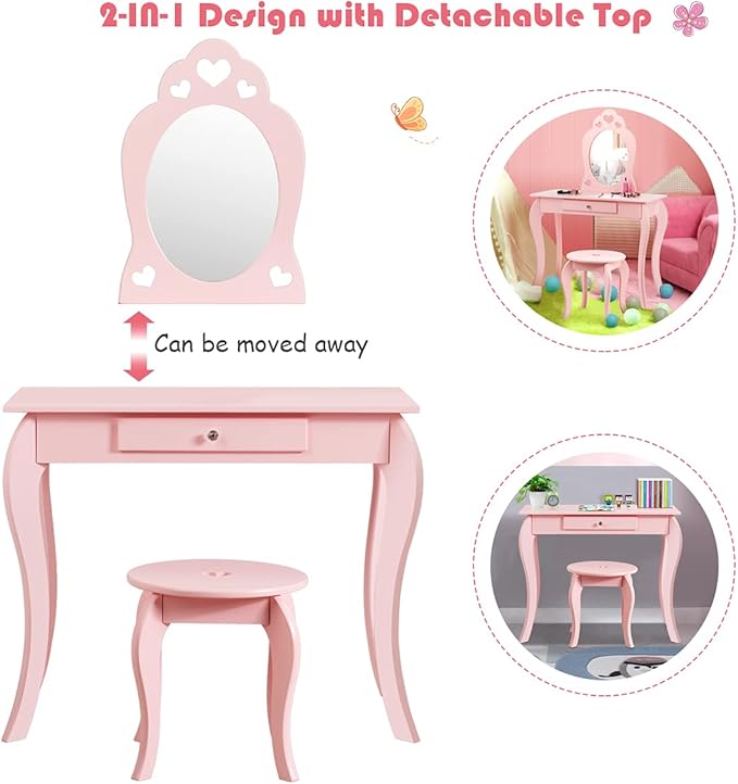 HONEY JOY Kids Vanity Set with Mirror, Toddler Wooden Vanity Table with Stool & Drawer, Removable Top, Princess Pretend Play Beauty Makeup Dressing Table Playset for Little Girls(Pink)