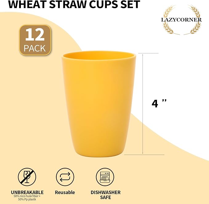 Lazycorner Wheat Straw Cup 12 Pcs Drinking Glasses Unbreakable Drinking Cup Reusable Water Plastic Glasses Tumblers with 6 Colors (12 oz)