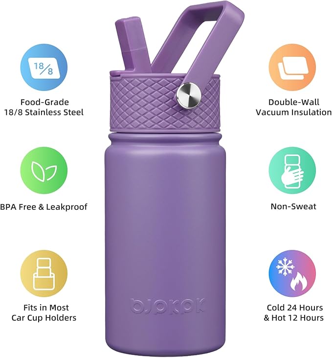 BJPKPK Insulated Water Bottle with Straw Lid, 15oz Cute Water Bottles, Stainless Steel Metal Thermo, Reusable BPA Free Leak Proof Tumblers, Cups,Iris