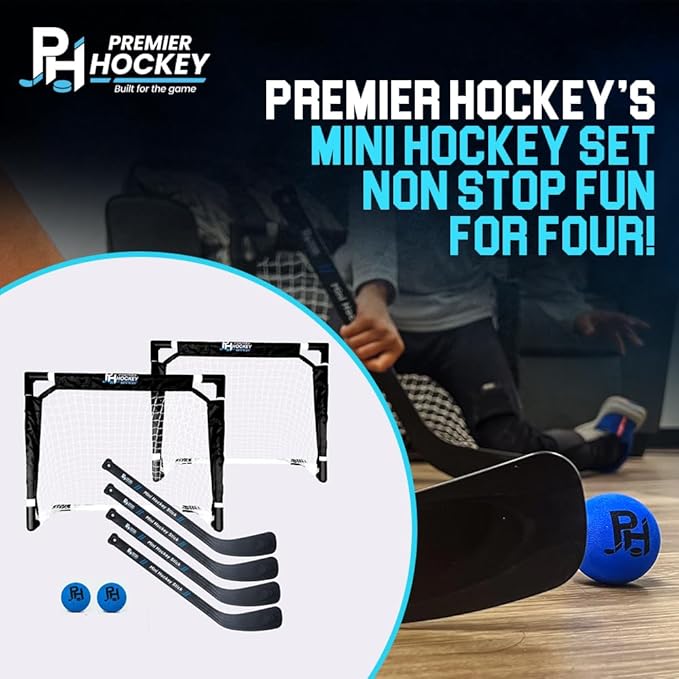 Premier Sports - Mini Hockey Set – Complete 4-Player Indoor Kit with (2) Mini Goals, (4) Mini Sticks, and (2) Mini Foam Balls