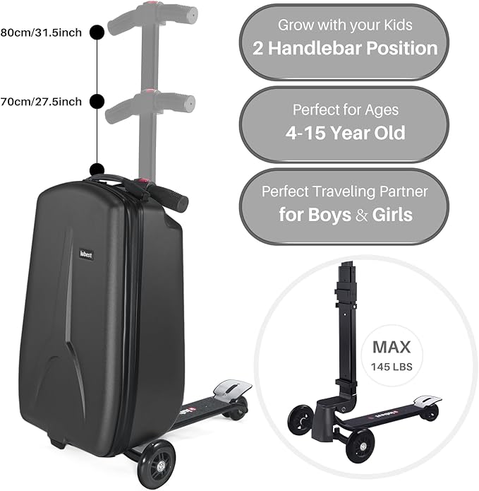 Scooter Luggage for Kids Scooter Suitcase for Ages 4-12, 4 in 1 Kids Luggage Boarding Suitcase Detachable & Foldable Scooter Travel Trolley Ride On Luggage-Black