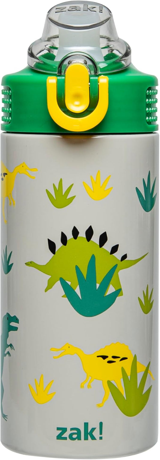 Zak Designs Sage Kids Water Bottle For School, Travel or At Home, 14oz Stainless Steel Water Bottle With Straw, Handle, and Leak-Proof, Pop-Up Spout Cover (Dino)