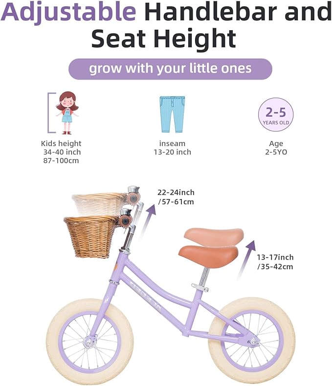 ACEGER 12" Kids Balance Bike with Basket, Toddler Bicycle for Early Learning Leg Strength and Steady Balancing, Durable Frame&Tool-Free Adjustable Seat, Gift Bike for 2-5 Kids, No Brake