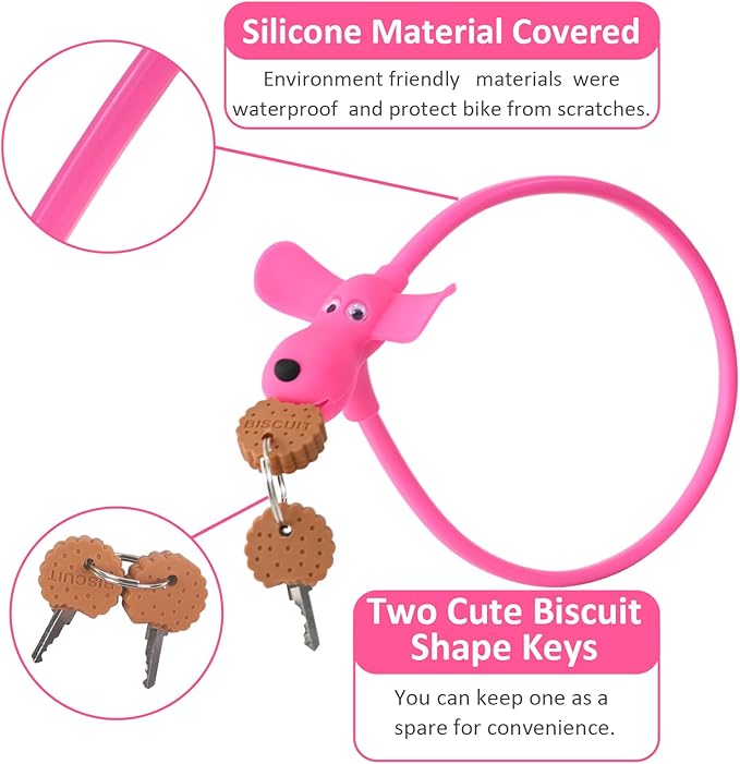 Bike Cable Lock with Keys,Silicone Covered Kids Cable Lock Cartoon Lock,2 Feet Lock for Bike,Door,Skateboard,Helmet and More (Pink, Large)