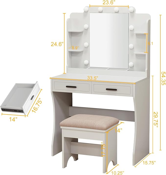 Makeup Vanity Desk with Mirror and Lights Makeup Table with Lights Luxury Vanity Desk with Mirror White Girls Vanity Set Make Up Bedroom Vanity(33.5" Vanity)