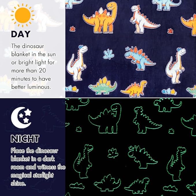 Glow in The Dark Dinosaur Blanket, Dinosaur Gifts Toys for Boys Kids, Best Christmas Birthday Valentine's Day Easter Presents for Kids Age 1-12 Year Old, Child Toddler Teen Soft Cozy Throw 50"x60"