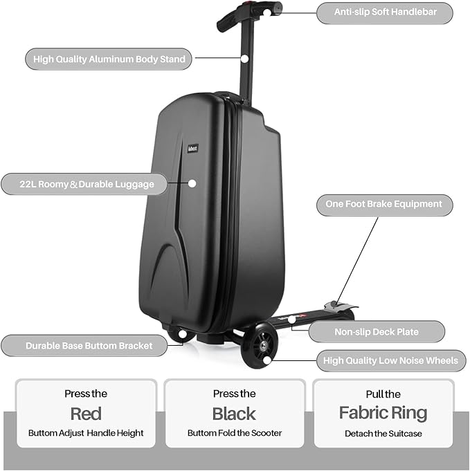 Scooter Luggage for Kids Scooter Suitcase for Ages 4-12, 4 in 1 Kids Luggage Boarding Suitcase Detachable & Foldable Scooter Travel Trolley Ride On Luggage-Black