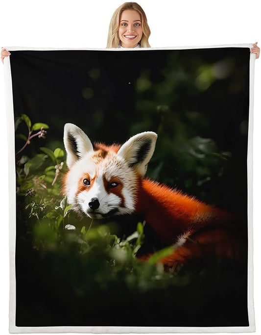 Raccoon Sherpa Blanket Red Panda Plush Blanket Tree Green Leaves Fleece Throw Blanket for Sofa Couch Bed 3D Wild Animal Pattern Fuzzy Blanket Ultra Soft Room Decor 40x50 Inch