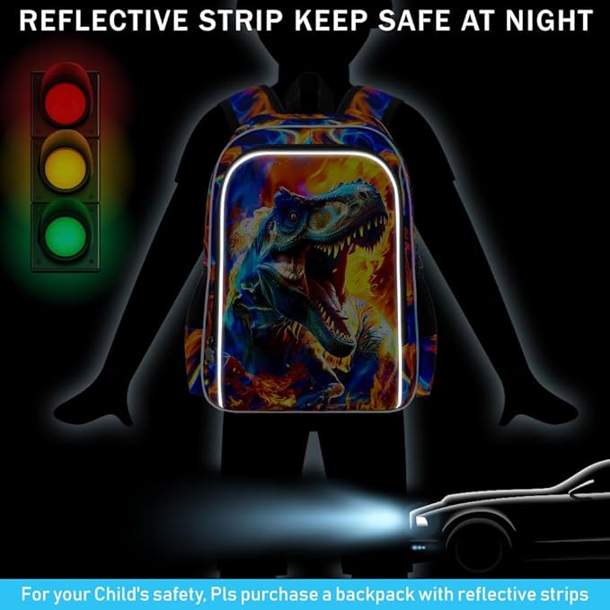 17" Dinosaur Backpack for Boy, 3Pcs Fire Bookbag for Elementary Preschool Kindergarten, Kids School Backpacks with Lunch Box (Red)