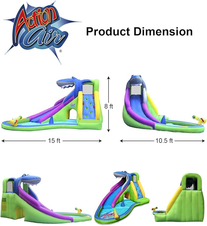 ACTION AIR Inflatable Water Slide, Shark Bounce House with Slide for Wet and Dry, Playground Sets for Kids Backyard, Water Spray & Water Pool, Durable Sewn with Extra Thick Material