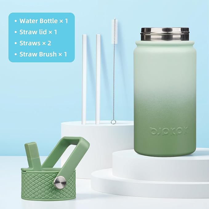 BJPKPK Insulated Water Bottle with Straw Lid, 15oz Cute Water Bottles, Stainless Steel Metal Thermo, Reusable BPA Free Leak Proof Tumblers, Cups,Forest Green