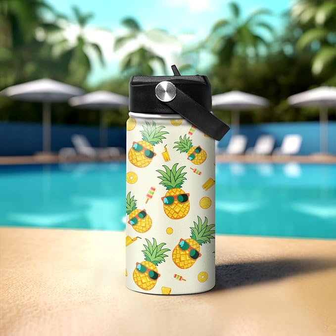Kids Water Bottle Pineapple Water Bottles 12oz with Straw Insulated Stainless Steel Travel School Tumbler Double Wall Vacuum Cup for Girls Kid Boys