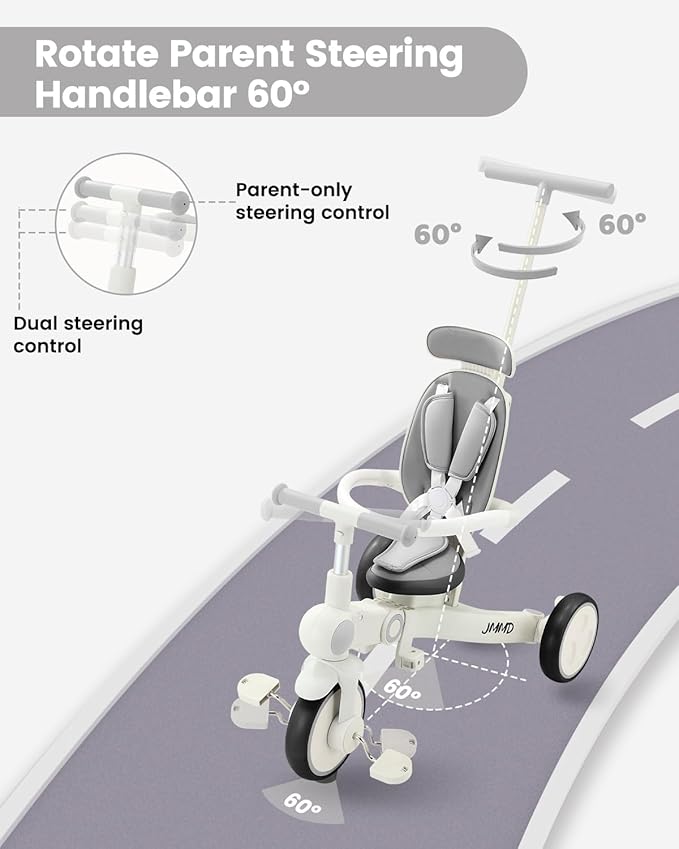 JMMD Baby Tricycle, 7-in-1 Multifunctional Kids Trike with Adjustable Parent Handle, Safety Harness & Wheel Brakes, Removable Canopy, Stroll Trike for Boys & Girls Ages 18 Months-5 Years, Gray