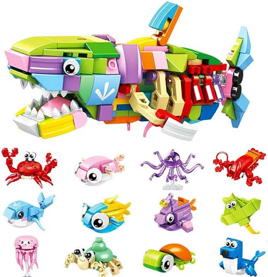 Marine Animal Building Blocks Set, 12-in-1 Ocean Creatures Shark Toy, Creative Party Favors for Kids, Classroom Prizes, Birthday Gifts for Boys & Girls (12 Pack)