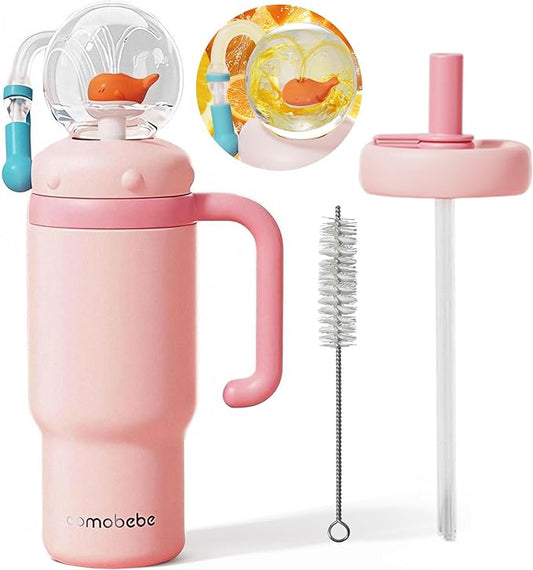Insulated Whale Fountain Cup, 24 oz Stainless Steel Travel Mug with Handle, Leak-Proof Straw Cup, 2025 model - Washable. Suitable for children, teenagers and adults (pink)