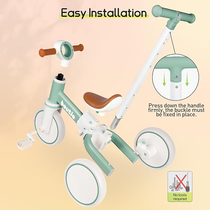 Kids Tricycle for Toddlers 1-3 with Push Handle, 5 in 1 Baby Balance Bike Toy for 1-4 Years Old Boys Girls Gift with Removable Pedals, Mint (No Parent Steering Version)
