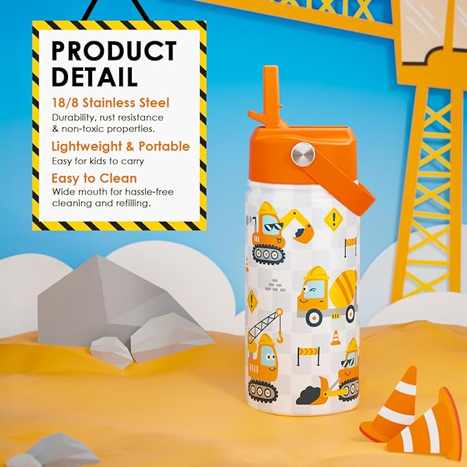 Construction Kids Water Bottle With Straw Lid 12oz Insulated Stainless Steel, Truck Travel Tumbler, Gifts For Boys, Birthday, Christmas, Back To School