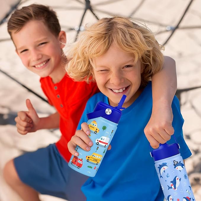 Transportation Kids Water Bottle With Straw Lid 12oz Insulated Stainless Steel, Travel Tumbler, Gifts For Boys, Birthday, Christmas, Back To School