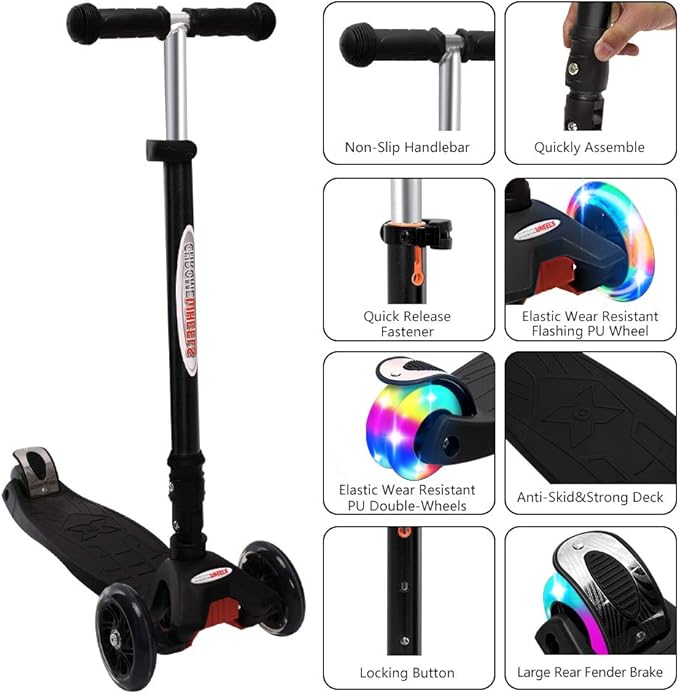 ChromeWheels Foldable Scooters for Kids, Deluxe Kick Scooter 4 Adjustable Height 132lbs Weight Limit 3 Wheel, Lean to Steer LED Light Up Wheels, Best Gifts for Girls Boys Age 3-12 Year Old