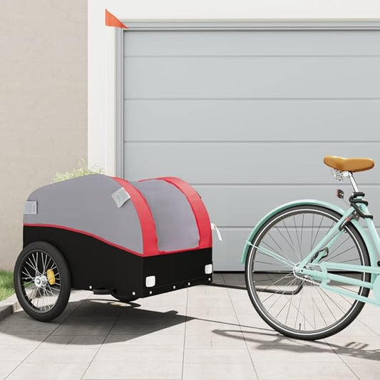 Bike Wagon Trailer, Bike Cart with Safety Flag, Bike Trailer Bicycle Cargo Trailer, Black and Red 99.2 lb Iron, 52.4"x26.8"x26.8"