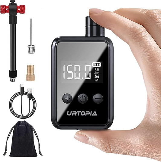 URTOPIA Mini Bike Tire Pump, Fast Inflate Bicycle Pump with Gauge, Rechargeable 150PSI Portable Electric Bike Air Pump with Presta and Schrader Valve for Road Bike, Ebike, Motorcycle, Ball