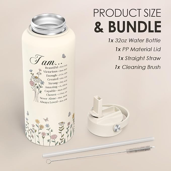 Christian Inspiration Water Bottle 32oz Stainless Steel with Lid & Straw, Inspirarional Insulated Bottles for Women Girls, Religious Inspirational Gift Idea for Birthday Christmas