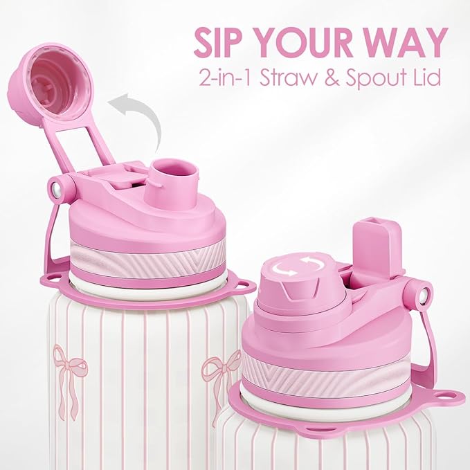 Bow Stainless Steel Water Bottle with Strap 32oz, Insulated Bottles with Straw and Spout Lid for Gym Sports Travel Outdoor, Gifts for Women Girls Birthday Christmas