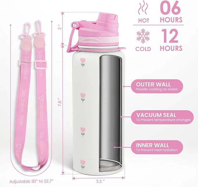 Tulip Stainless Steel Water Bottle with Strap 32oz, Insulated Bottles with Straw and Spout Lid for Gym Sports Travel Outdoor, Gifts for Women Girls Birthday Christmas