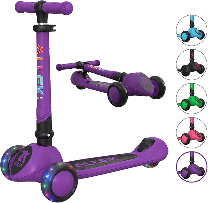 Allek Kick Scooter Foldable F02, 3-Wheel LED Flashing Glider and 4 Adjustable Height with Anti-Slip Thick Deck Push Scooter for Children 3-12yrs