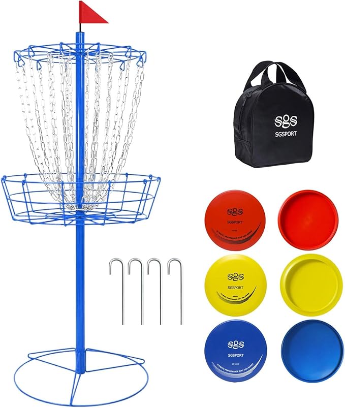 Disc Golf Basket - Portable Disc Golf Target with Heavy Duty 24-Chains Come with 6pcs Disc Golf Discs and Carry Bag, Ground Stake -Suitable for Players of All Levels - Multi Color Available