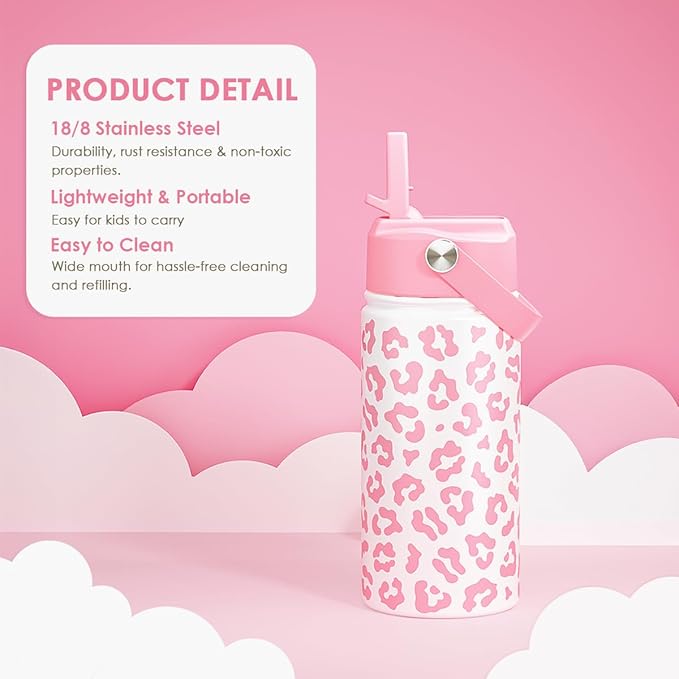 Pink Leopard Print Kids Water Bottle With Straw Lid 12oz Insulated Stainless Steel, Travel Tumbler, Gifts For Girls, Birthday, Christmas, Back To School