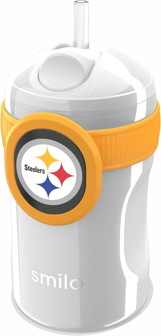 Smilo Straw Cup - Pittsburgh Steelers Officially Licensed NFL Sippy Cup - Baby and Toddler Cup with Weighted Silicone Straw and 8.5 oz Capacity - BPA-Free