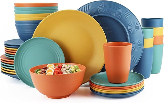 40-Piece Unbreakable Plastic Wheat Straw Dinnerware Set - Multi Color, 8-Person Dish Set for Dinner, Plates, Bowls, Cups & Appetizer Plates - Perfect for Outdoor Camping