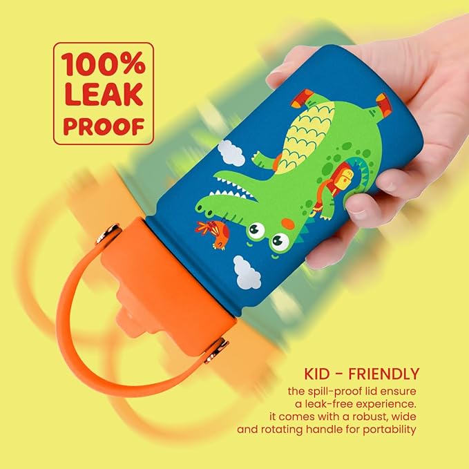 Crocodile Water Bottle - Kids Water Bottle with Straw Lid - 12 Oz Insulated Stainless Steel Water Bottles for Kid Boys - Travel Cup for School Sports