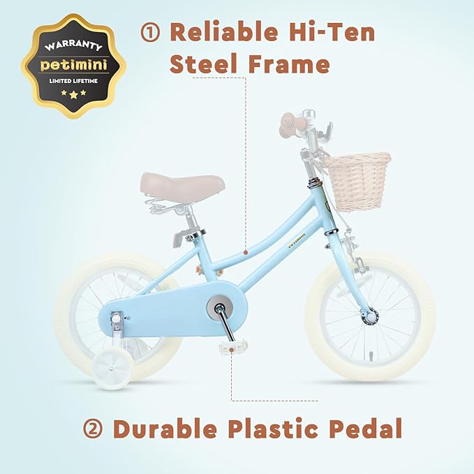 Petimini Girls Bike with Basket for 2-12 Years Old Kids, 12 14 16 18 20 Inch Bicycle with Bell Training Wheels Basket, Multiple Colors