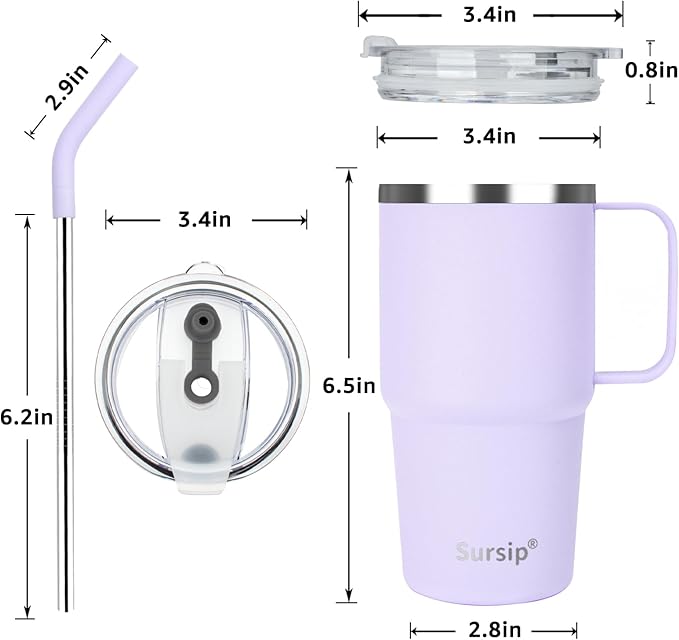Sursip 24 oz Insulated Cup with Handle, Double Wall Vacuum Stainless Steel Tumbler with Straw and 2 Lids, For Cold/Hot Drinks, Coffee Travel Mug for Car/Home/Office/Party/Camping (Lilac-1 Pack)