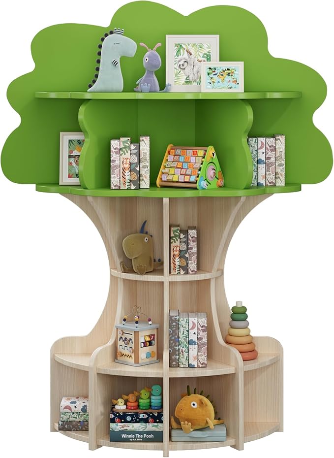 Tree Kids Bookshelf, Fun and Sturdy 5-Tier Wooden Book Organizer, Montessori Nursery Book Shelf for Toddlers, Kids Room and Playroom-YWL