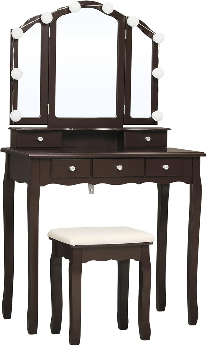 Tiptiper Vanity Desk, Makeup Vanity Set with Lighted Mirror and Stool, Dressing Table with 5 Drawers, 3 Light Settings & Adjustable Brightness, Espresso