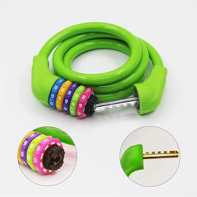 Bike Lock Cable - 4 Feet Resettable Cable Lock - Self Coiling 5 Digit Combination Bicycle Lock (Green)