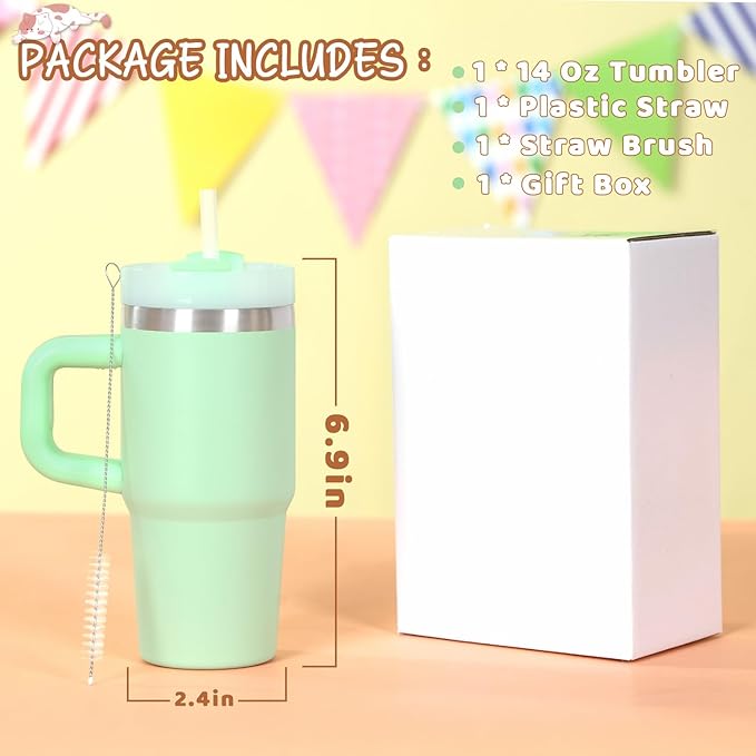 Cosictic 14 Oz Tumbler with Handle and Straw for Kids, Stainless Steel Double Wall Vacuum Insulated Cup for Children, 14 Oz Cups for Kids (Green)