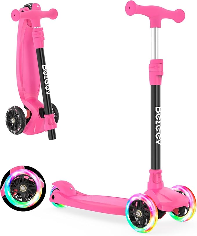 BELEEV Scooters for Kids 3 Wheel Kick Scooter for Toddlers Girls Boys, 4 Adjustable Height, Lean to Steer, Light up Wheels, Extra-Wide Deck, Easy to Assemble for Children Ages 3-12 (Rose Pink)