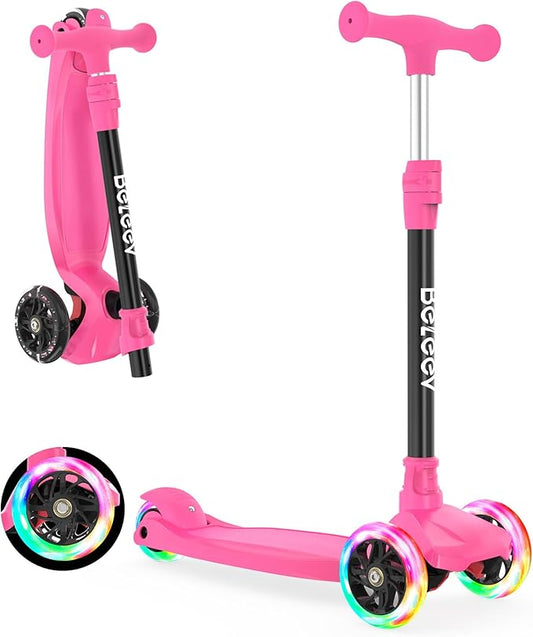 BELEEV Scooters for Kids 3 Wheel Kick Scooter for Toddlers Girls Boys, 4 Adjustable Height, Lean to Steer, Light up Wheels, Extra-Wide Deck, Easy to Assemble for Children Ages 3-12 (Rose Pink)