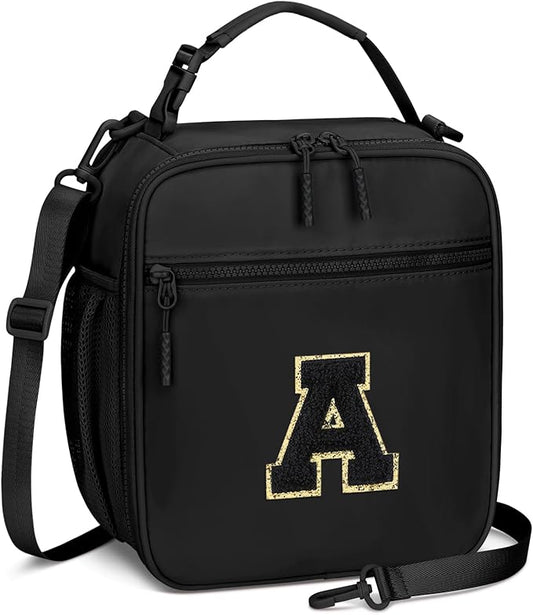 Initial Insulated Lunch Bag for Boys Kids, Back to School Gift, Reusable Leak-proof Lunch Box with Adjustable Strap for School Daycare Travel Picnic（Black，A）