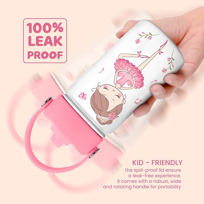 Ballet Water Bottle - Kids Water Bottle with Straw Lid - 12 Oz Insulated Stainless Steel Water Bottles for Kid Girls - Travel Cup for School Sports