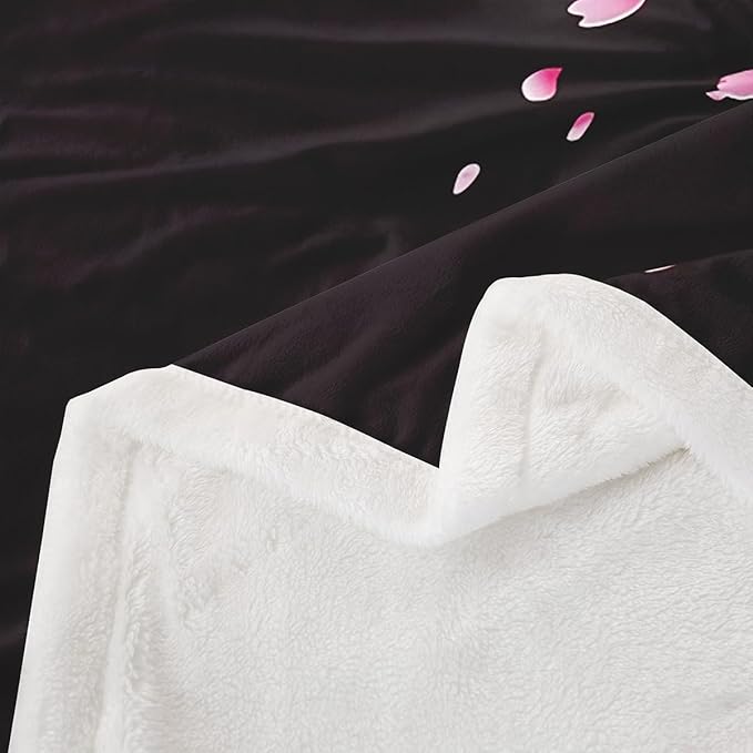 Cherry Blossoms Sherpa Blanket Japanese Plush Pink Moon Flowers Fleece Throw for Kids Adults Exotic Fuzzy Ultra Soft Black Bed Couch Chair Room Decor 50x60 Inch