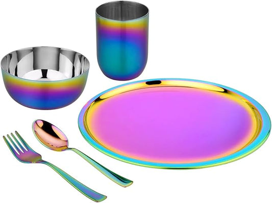 Ahimsa Stainless Steel Kids Dishes, Pediatrician Designed Complete 5 Piece Kids Plates and Bowls Set, Non Toxic & Unbreakable Stainless Steel Plate, Cup and Kid Utensils, Rainbow