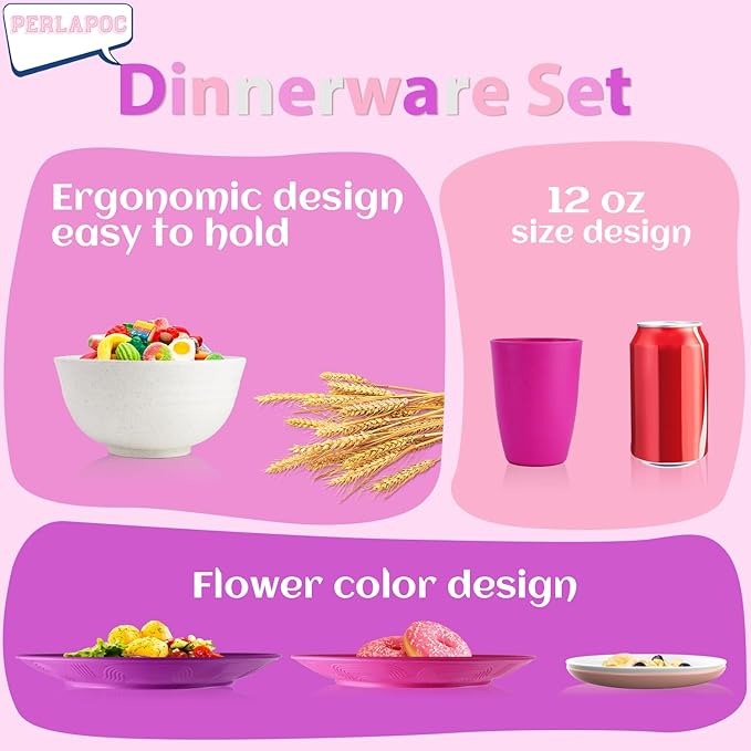 Wheat Straw Dinnerware Sets 40 PCS Bowl and Plate Sets With Cup Dishes Set for 8 Unbreakable Dish Sets Microwave Safe Plates Dinner Bowls Drinking Glasses With 4 Color - Flower Color