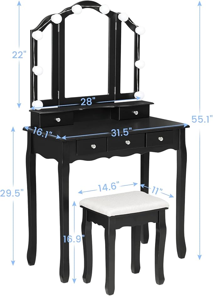 Tiptiper Vanity Desk, Makeup Vanity with Lighted Tri-fold Mirror and Stool, Vanity Set with 5 Drawers, 3 Light Settings & Adjustable Brightness, Black